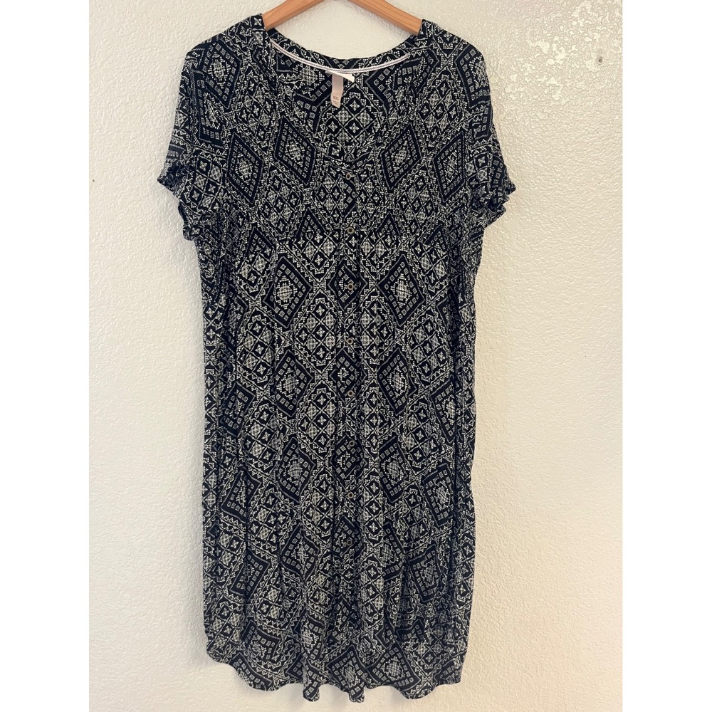 Knox Rose Womens XXL Smocked Black White Geometric Diamond Rayon Dress